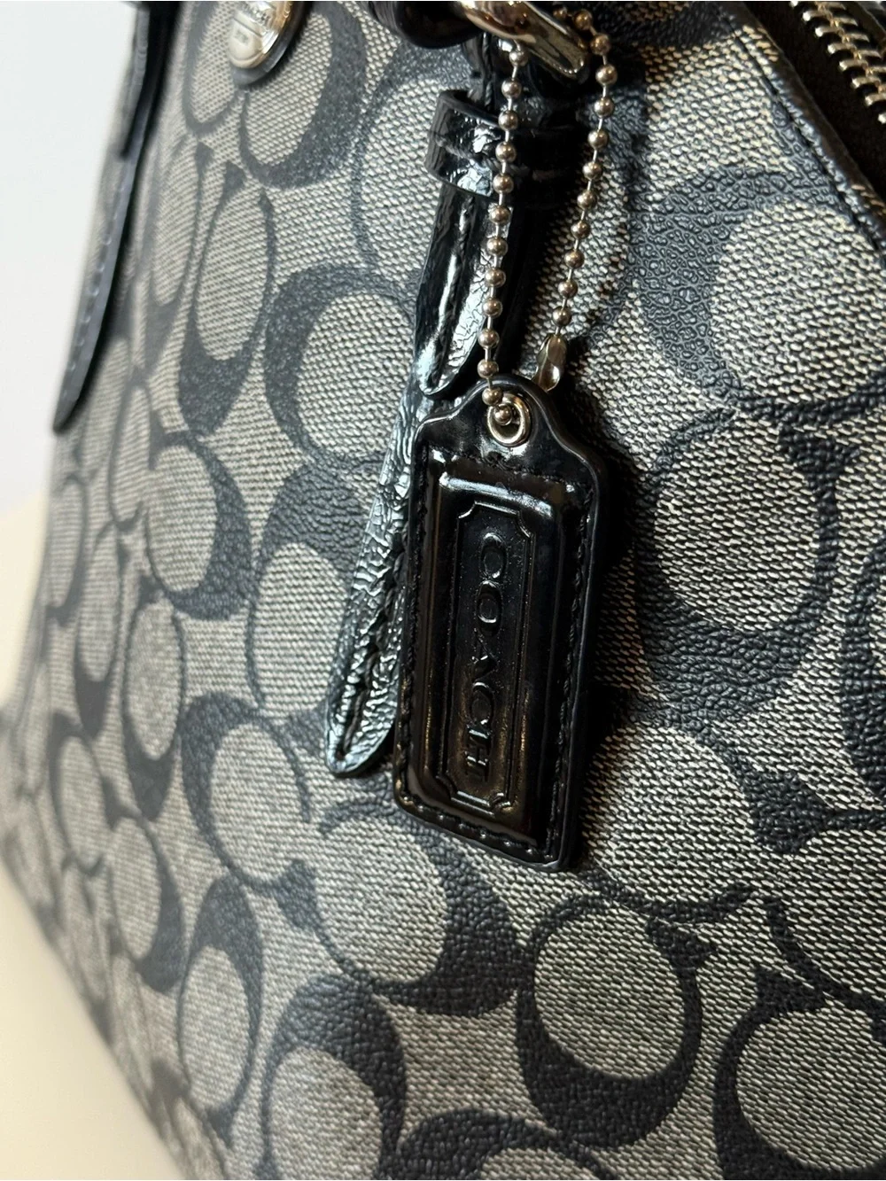 Coach Peyton Black and Tan Signature Satchel with strap